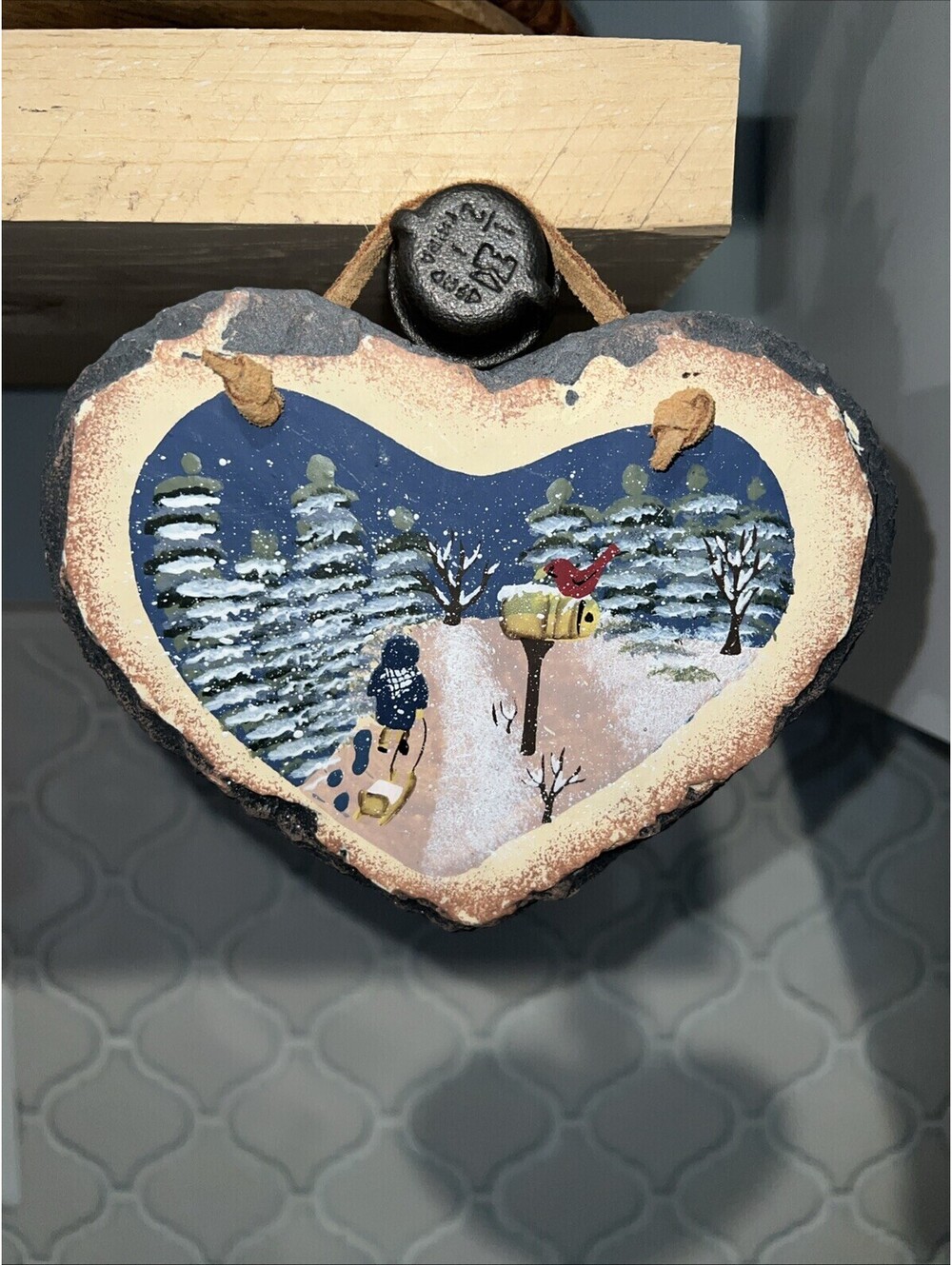Heart Shaped Slate Wall Hanging Piece Painted W/Winter Scene Boy, Sled, Cardinal